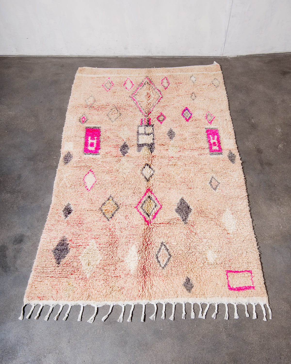 Modern, designer, handcrafted Berber rug from Morocco. Vintage carpet with beautiful colours and patterns and fluffy texture.